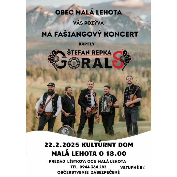 Fašiangový koncert kapely GORALS 22.02.2025 o 18:00